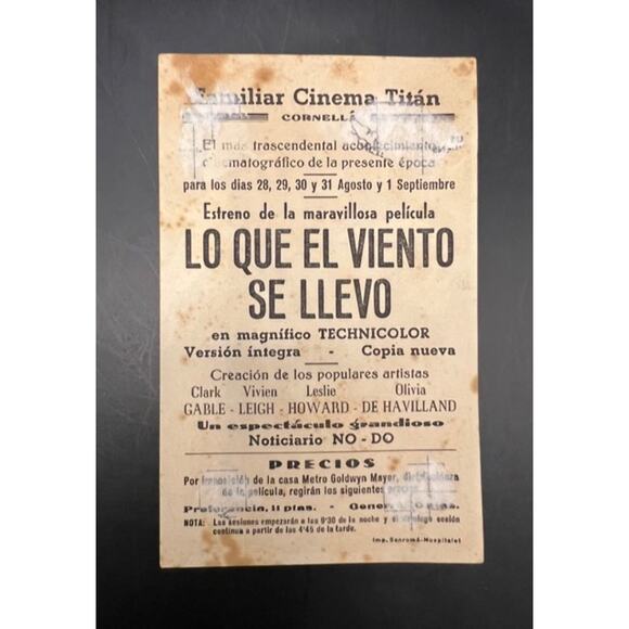 RARE Original Spanish Gone with the Wind Movie Herald Handbill Hollywood Gable - Picture 2 of 3